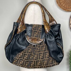 FENDI Spy Bag 8BR511 Zucca FF Monogram Pattern Leather Handbag Black Brown Purse